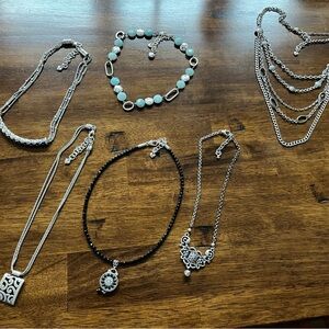 Lot of 5 Brighton Necklaces, Aqua pebble, silver scroll, multi layer
